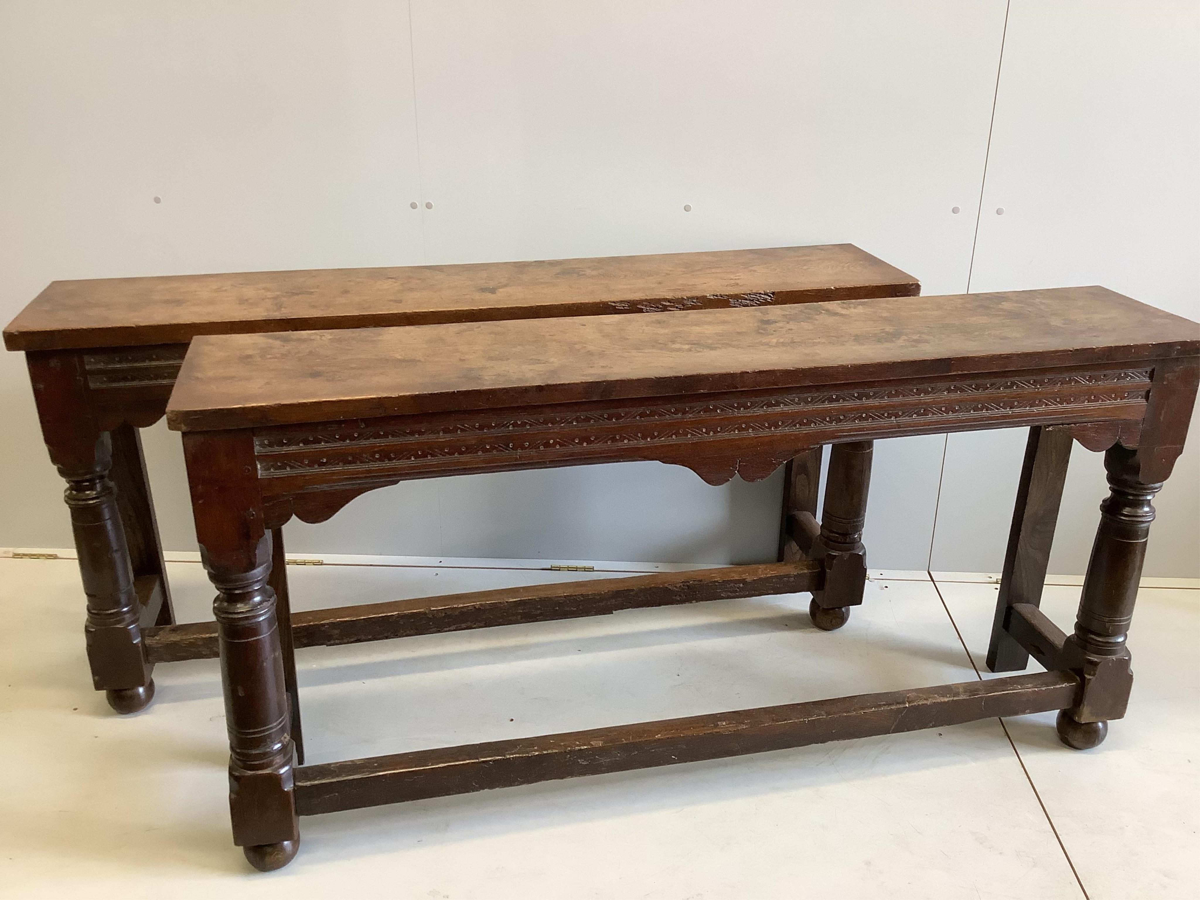 A pair of 18th century style rectangular oak console tables, width 162cm, depth 34cm, height 81cm. Condition - fair